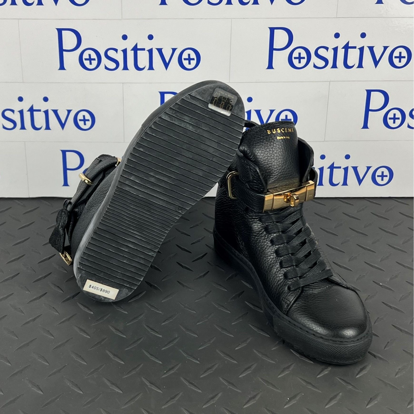 Buscemi Womens 100MM Alta Black/Black Leather Sneakers SAMPLE | Positivo Clothing