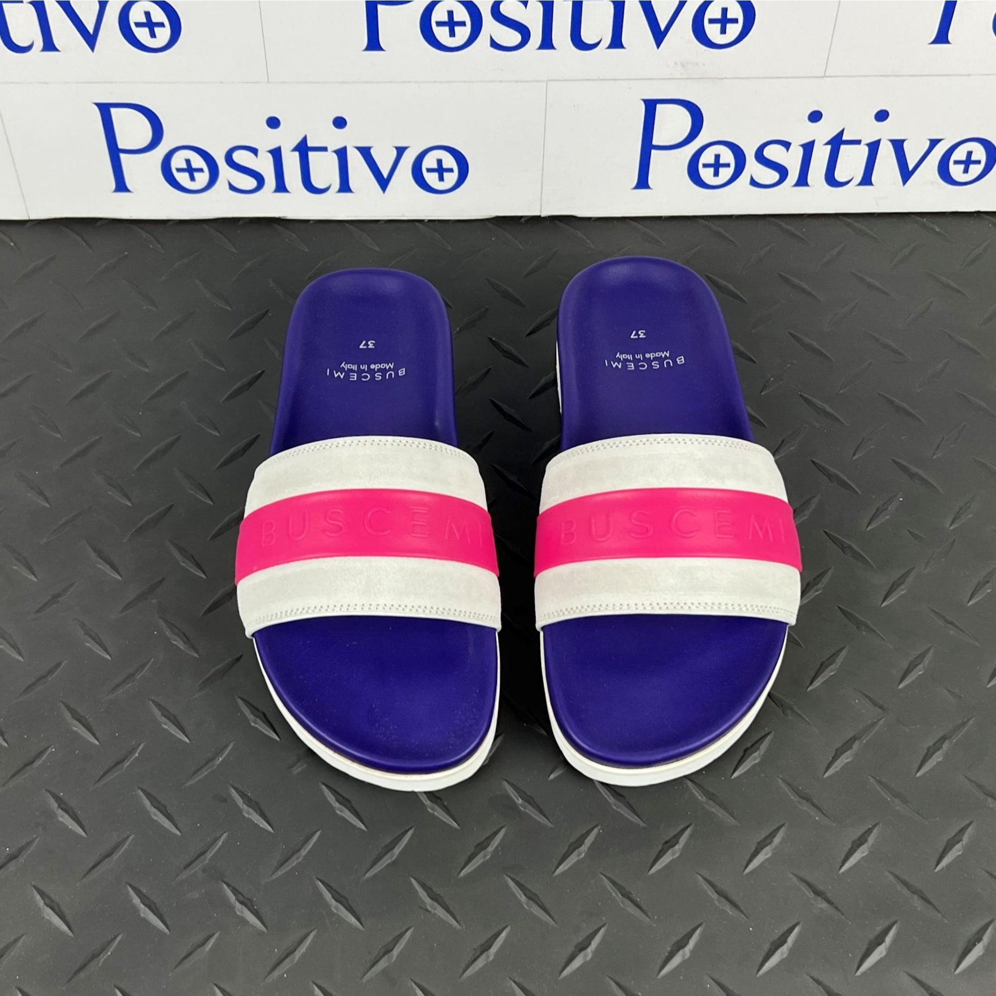 Buscemi Womens Slide Sport Purple Trio Leather Sandals | Positivo Clothing