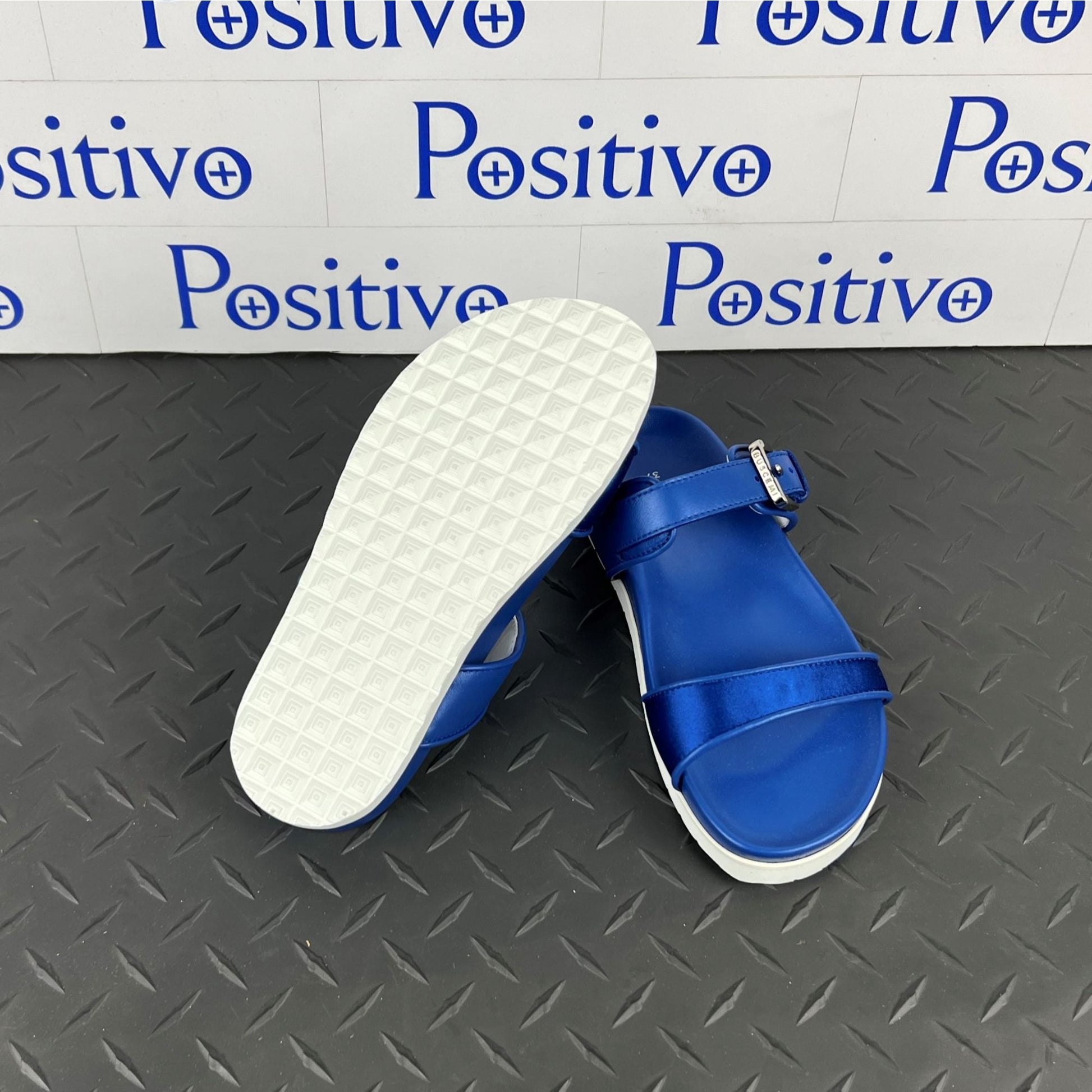 Buscemi Womens Slide Band Satin Royal Leather Sandals SAMPLE | Positivo Clothing