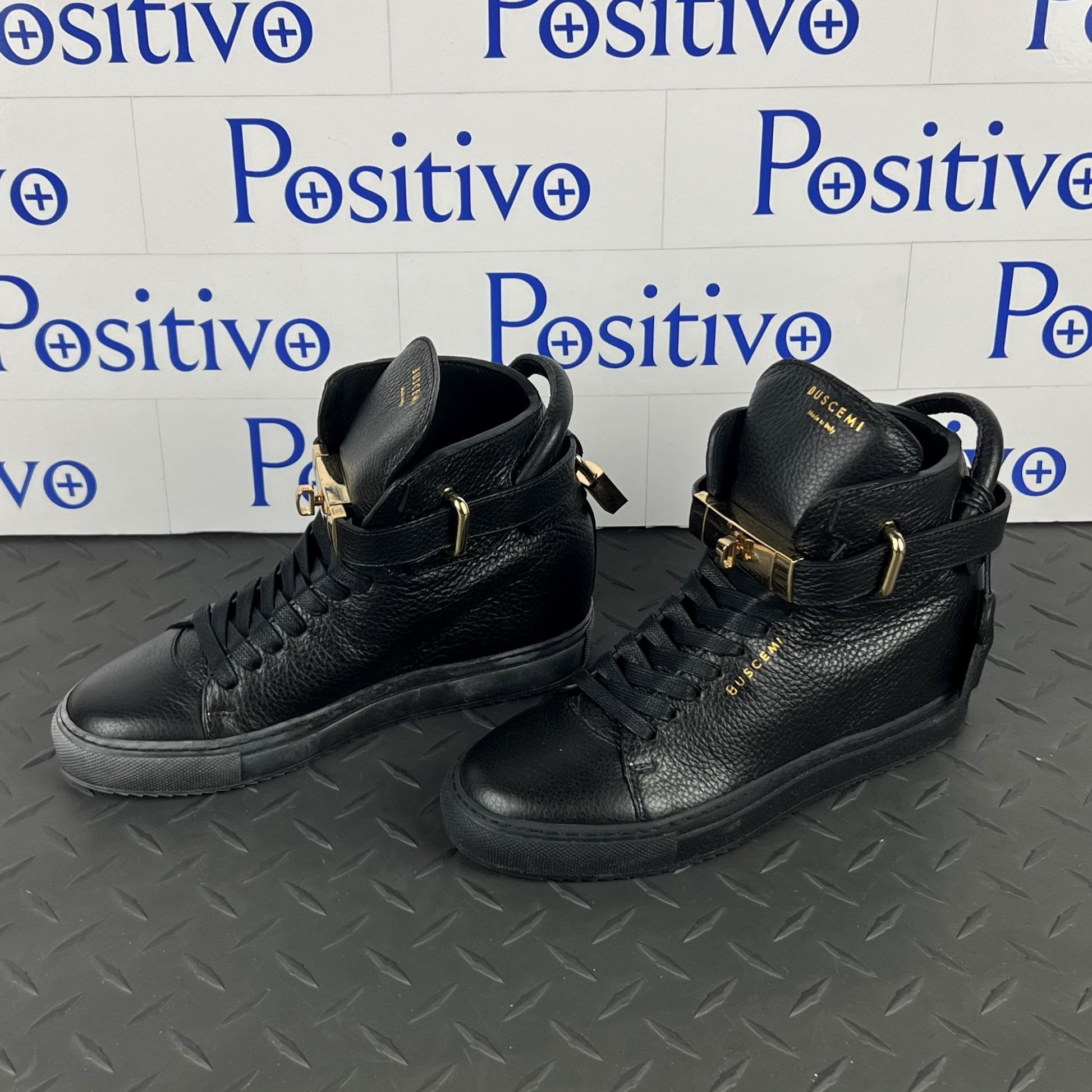 Buscemi Womens 100MM Alta Black/Black Leather Sneakers SAMPLE | Positivo Clothing
