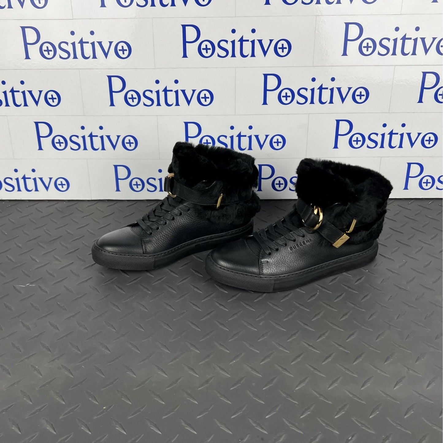 Buscemi Womens 100MM Rabbit Black Leather/Fur Sneakers | Positivo Clothing
