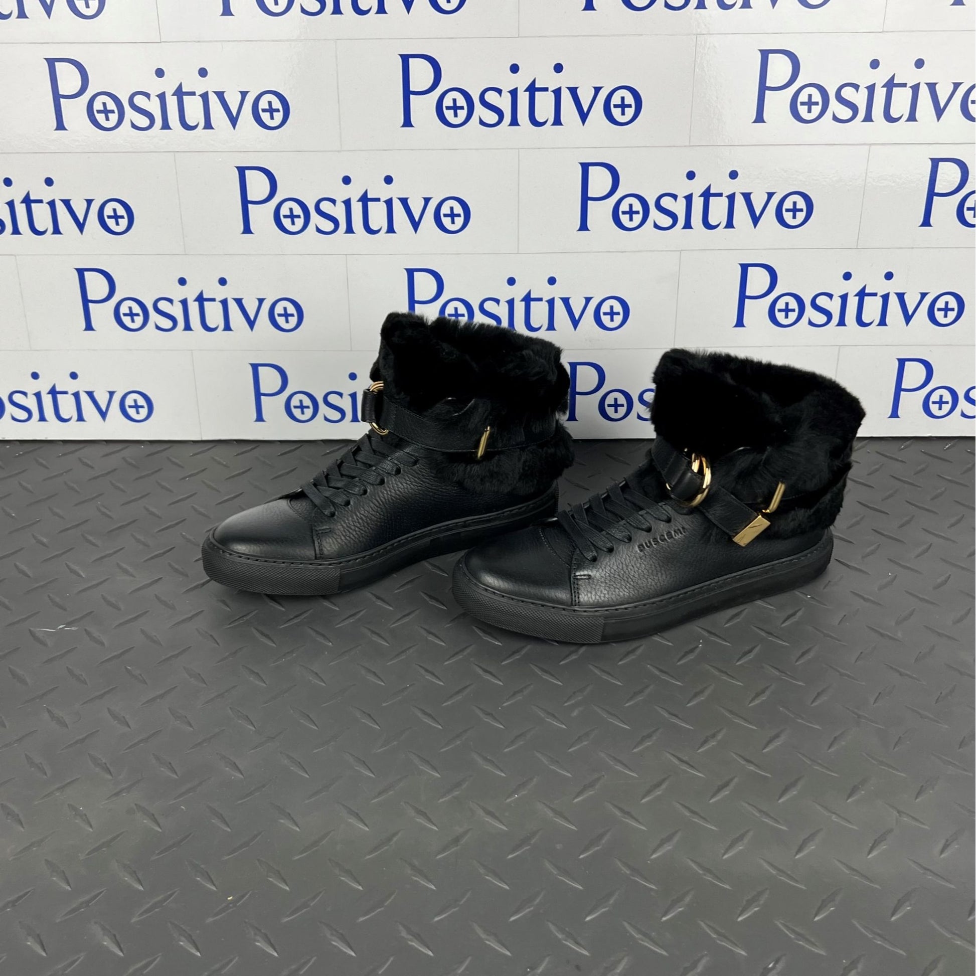 Buscemi Womens 100MM Rabbit Black Leather/Fur Sneakers | Positivo Clothing