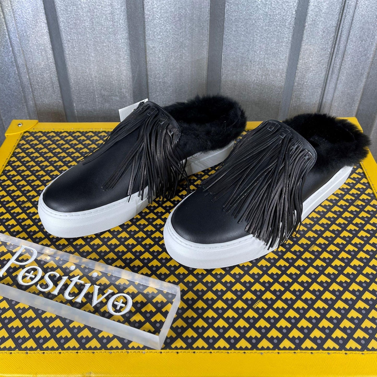 Buscemi Sabot Fringe Flat Black Leather Sneakers | Positivo Clothing