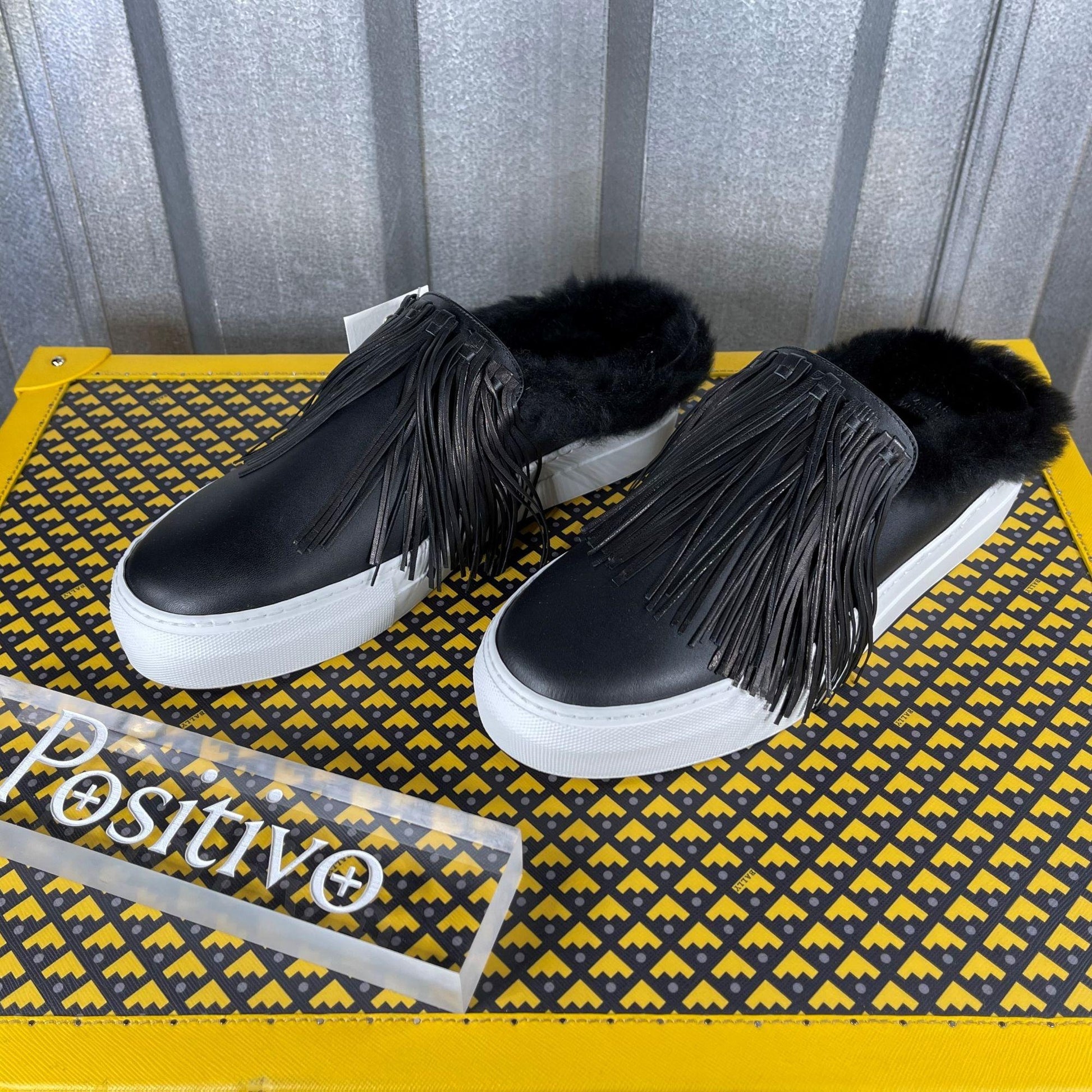 Buscemi Sabot Fringe Flat Black Leather Sneakers | Positivo Clothing