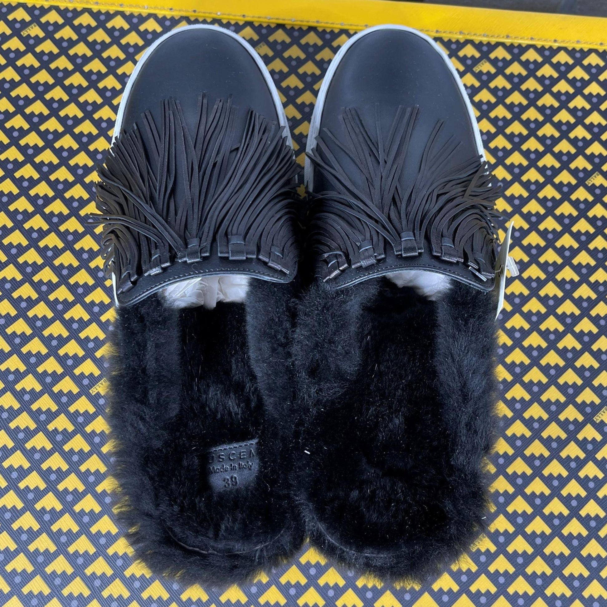 Buscemi Sabot Fringe Flat Black Leather Sneakers | Positivo Clothing